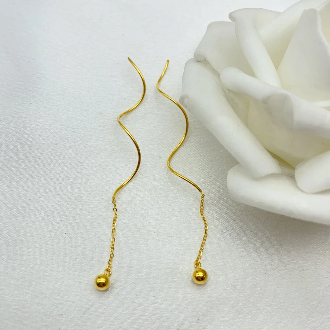 老庙足金  精工5G工艺  波浪带光面珠耳线  1.93克