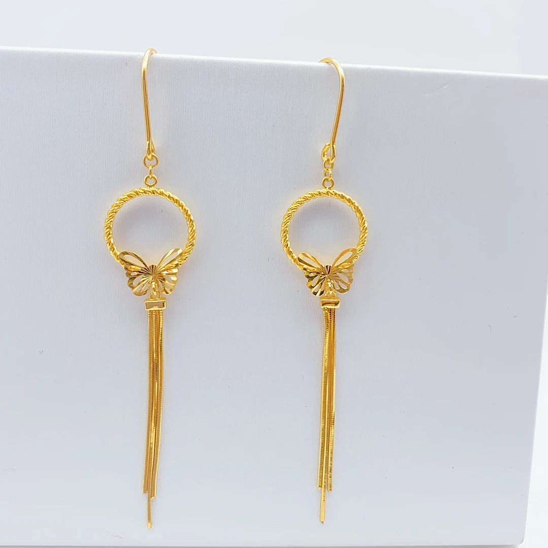 老庙 足金2  精工5G工艺 圆环蝴蝶流苏 耳钩 4.22克