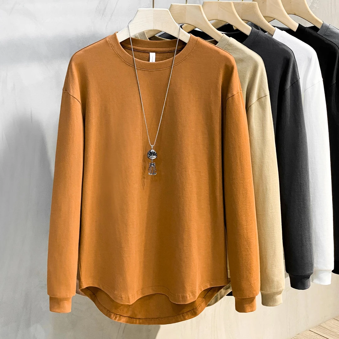长袖T恤男韩版薄款宽松上衣纯色日系圆领内搭衣男士厚T恤春秋新款