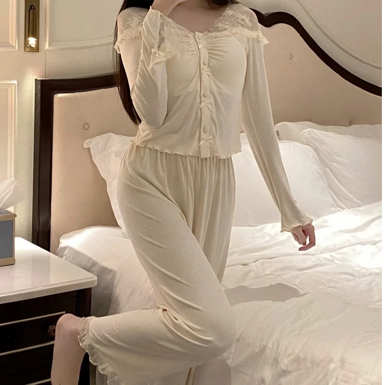 新款莫代尔睡衣春秋带胸垫纯欲蕾丝网红感家居服两件套睡衣