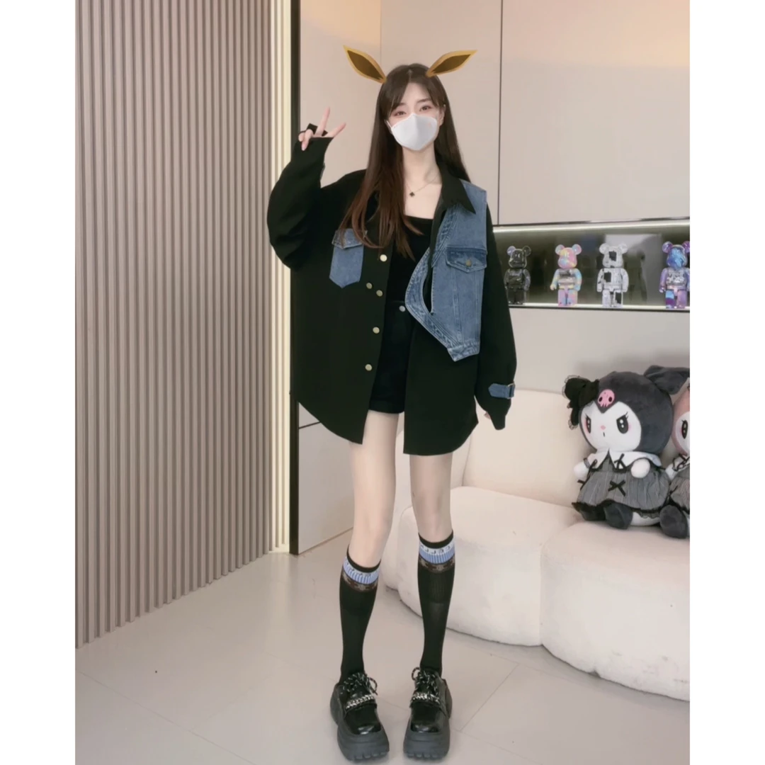 糖糖子【2不规则歪门襟牛仔拼西装】时尚气质宽松设计感百搭炸街
