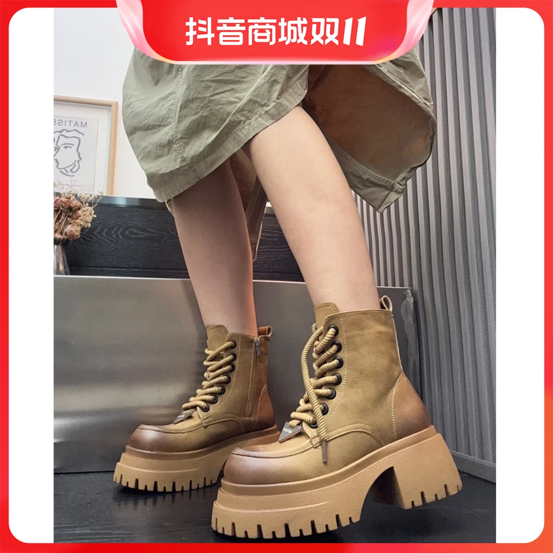 复古全皮马丁靴女2023新款英伦风大黄靴松糕厚底粗跟加绒机车短靴