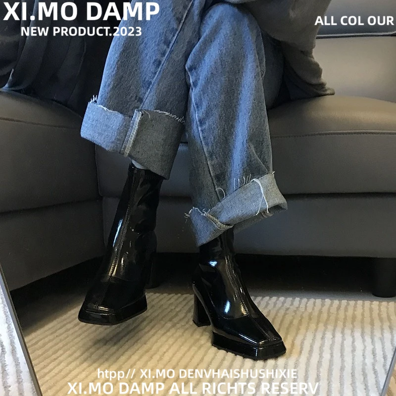 法式方头粗跟小短靴女黑色全皮高跟鞋后拉链马丁靴漆皮瘦瘦靴子冬
