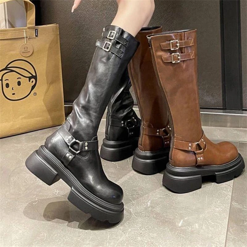 小香风厚底长筒靴女2023新款英伦风复古西部牛仔靴炸街高筒骑士靴