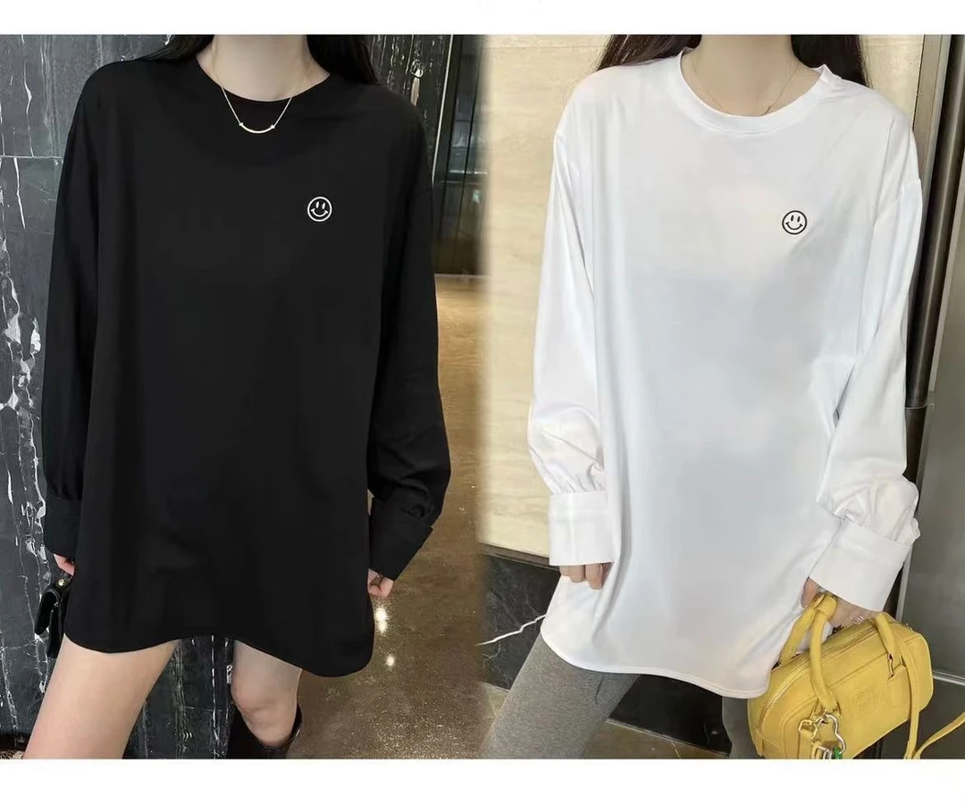 简约微笑刺绣长袖T恤纯色设计百搭舒适