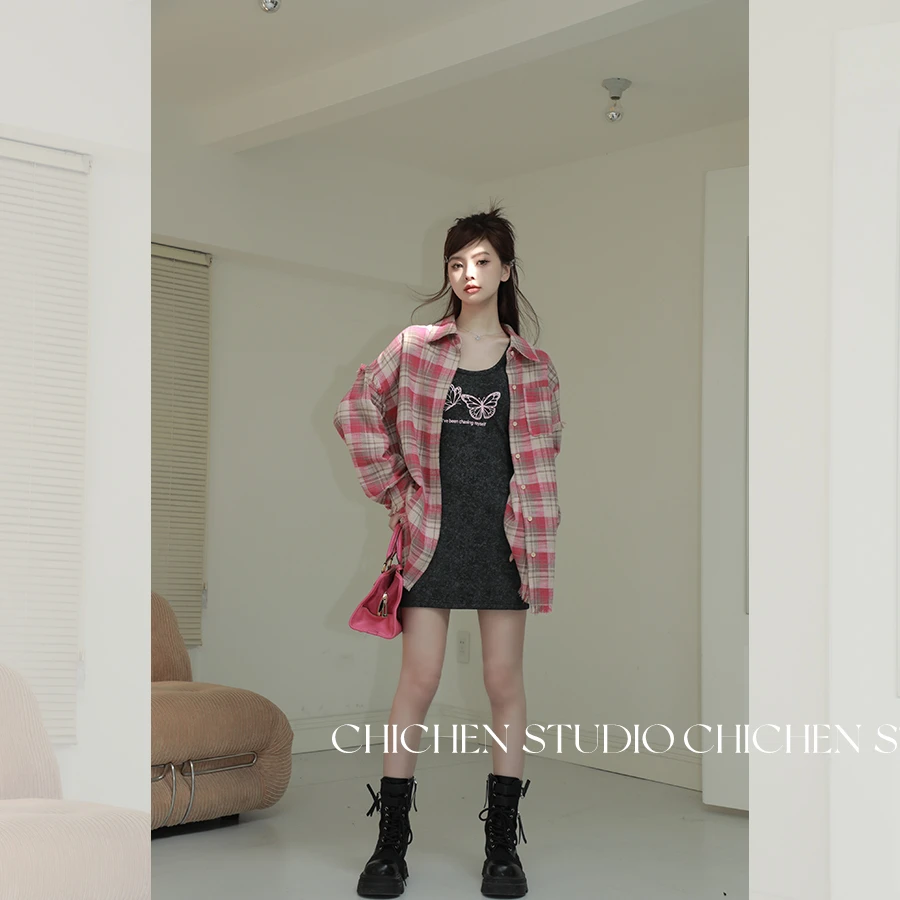 CHICHEN/晨妍 《美式西海岸》美式复古粉色格子衬衫