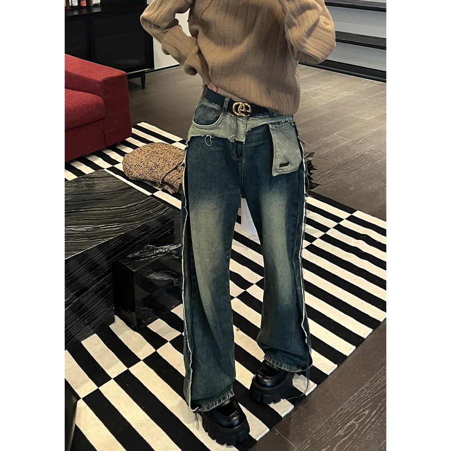 CHICHEN/晨妍-《漫不经心的裤》撞色口袋外翻解构美式复古色牛仔裤