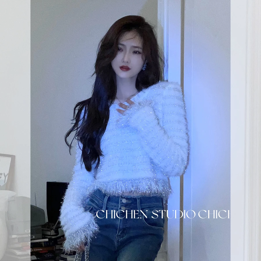 CHICHEN/晨妍-《聚光灯》秋冬气质亮丝流苏针织时尚上衣毛衣