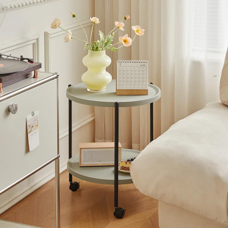 慕格娜沙发小茶几家用迷你床头柜圆形茶几简约轻奢双层万向轮角几