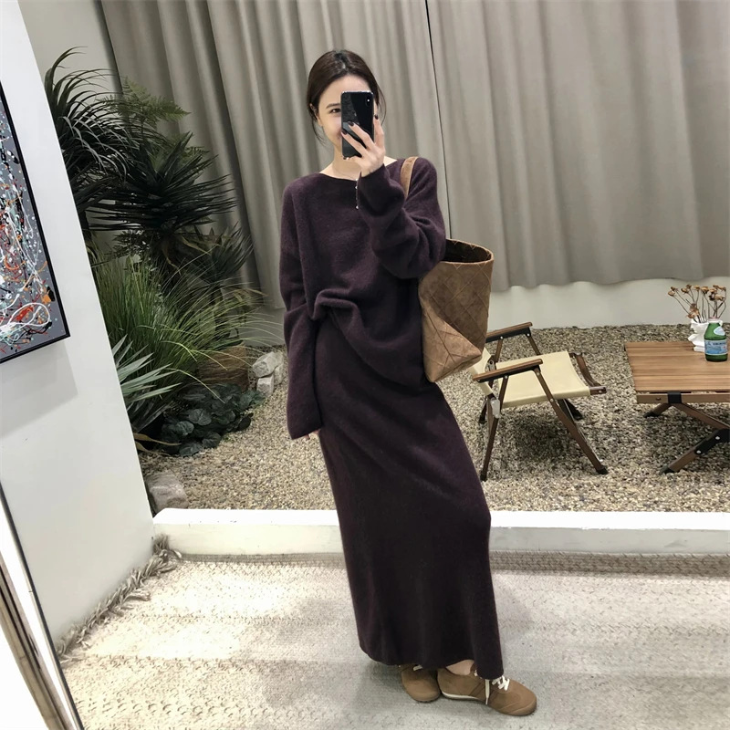 2024年秋季新款韩系时尚气质套装女紫色针织毛衣高腰半身裙两件套