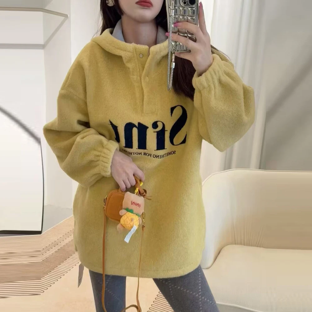1Q2024年冬季新款时尚百搭慵懒风字母连帽爆款加厚卫衣女中长款
