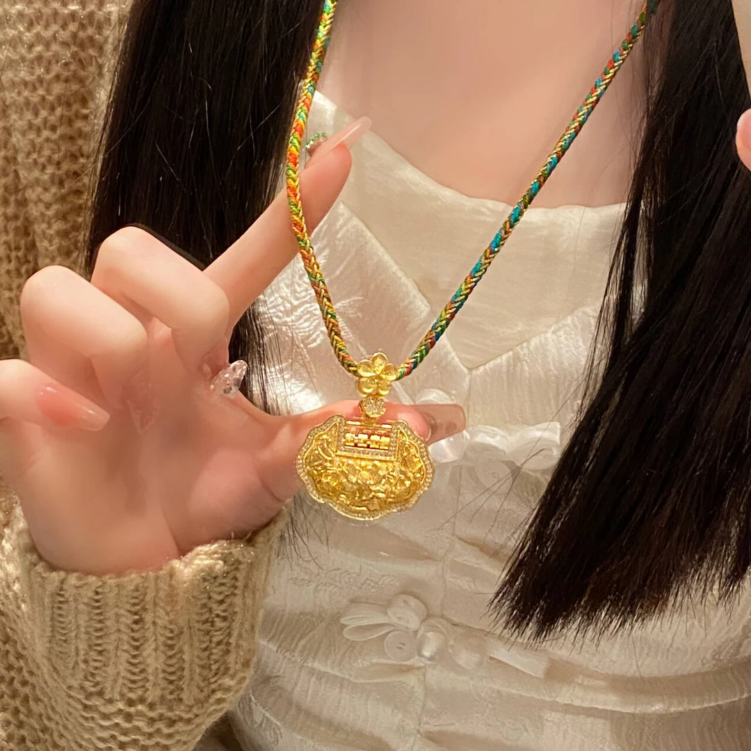 非金属布艺项链 【卡丽奢首饰】【点钻花开】新中式绿色编绳锁项链