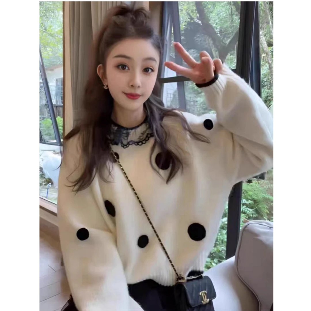 蕾丝拼接波点圆领套头毛衣女秋冬季新款宽松百搭上衣设计感针织衫