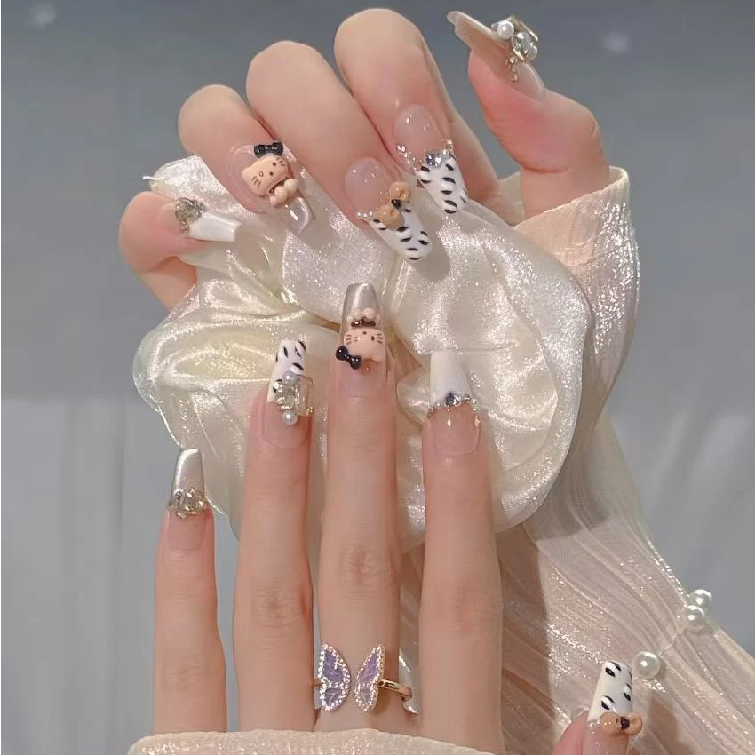 【豹纹kitty】纯手工美甲手绘豹纹爆闪满钻显白可拆卸穿戴甲