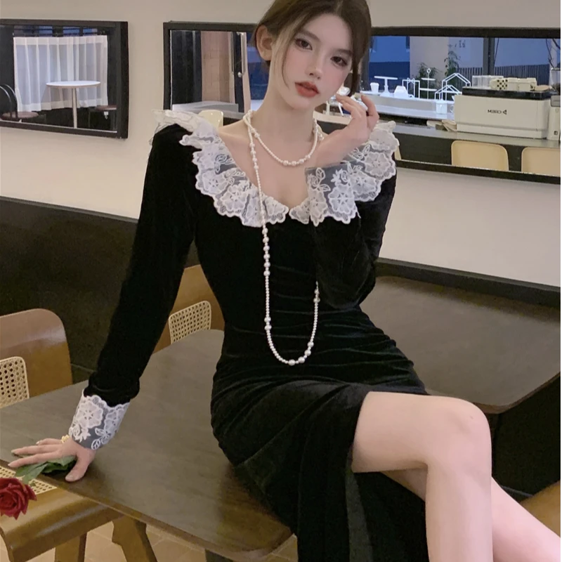 2024新款法式复古名媛气质黑色长裙年会洋气小礼服金丝绒连衣裙女