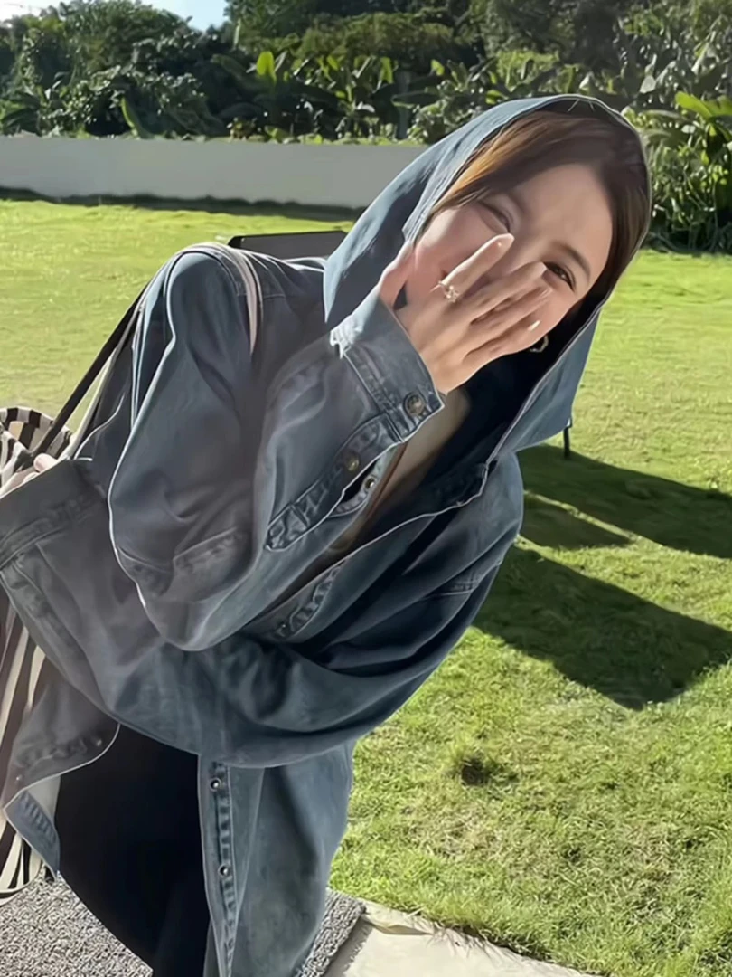 复古蓝色连帽水洗牛仔外套秋季夹克2025新款宽松韩版慵懒风上衣女