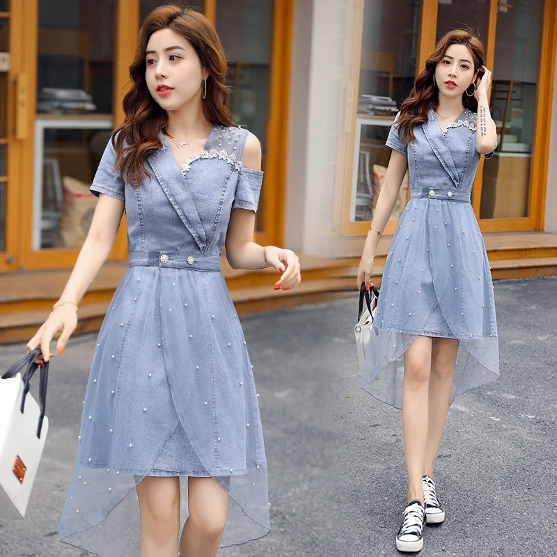 网纱牛仔连衣裙两件套女2024夏季新款修身收腰显瘦时尚超仙裙子潮