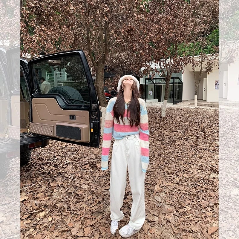 【清清】曾小咸多巴胺撞色彩色条纹毛衣女秋季新款Z233MB0430