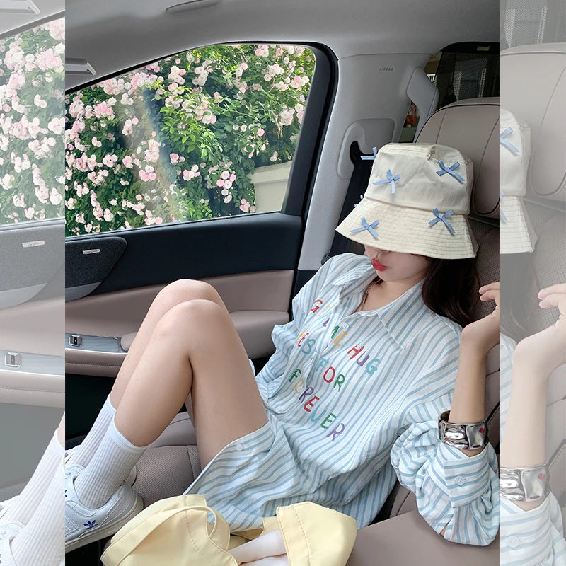 曾小咸 海盐氧气蓝 蓝色条纹字母印花女夏季百搭衬衫 Z243cS2384