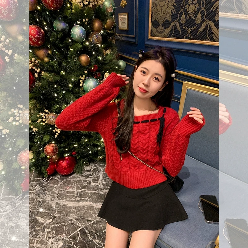 【清清】曾小咸 心动邂逅 过年红长袖方领套头毛衣Z234MC2031