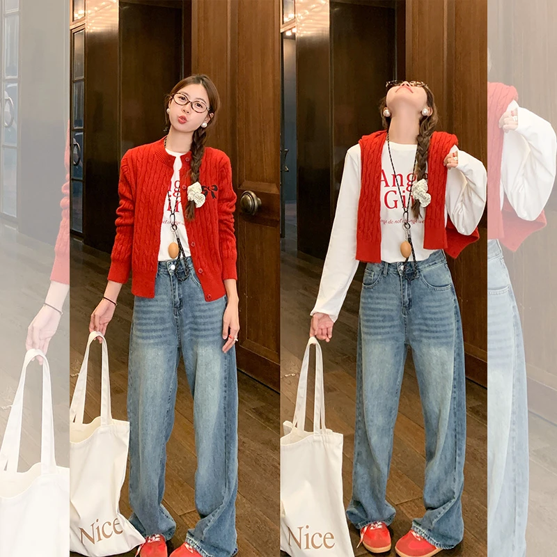 曾小咸 百搭通勤2色高腰显瘦直筒牛仔裤Z243KR3454