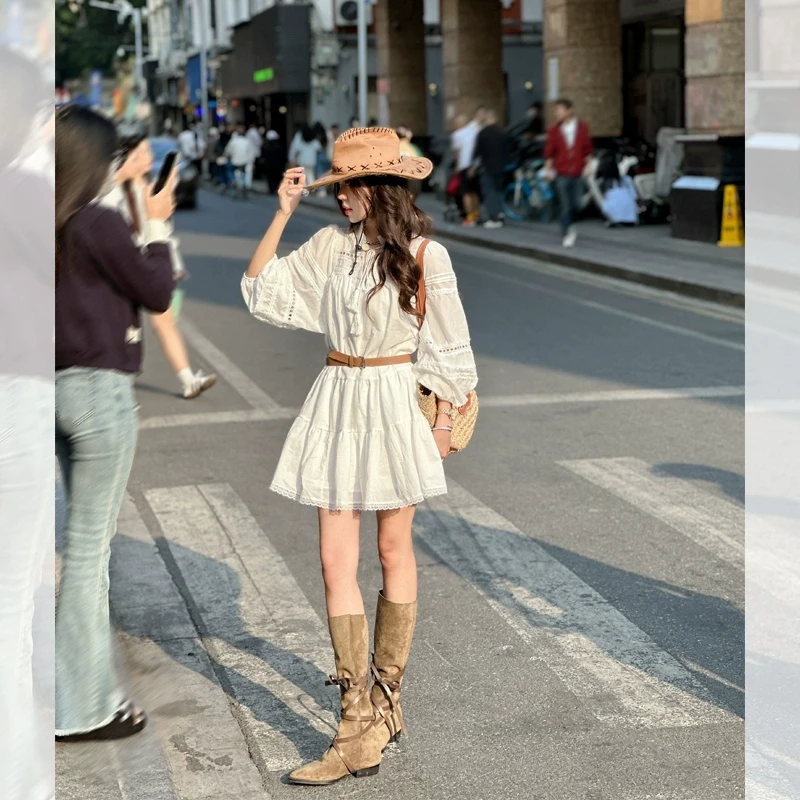 【清清】曾小咸长袖连衣裙法式茶歇白色长裙短裙Z231FL500-1