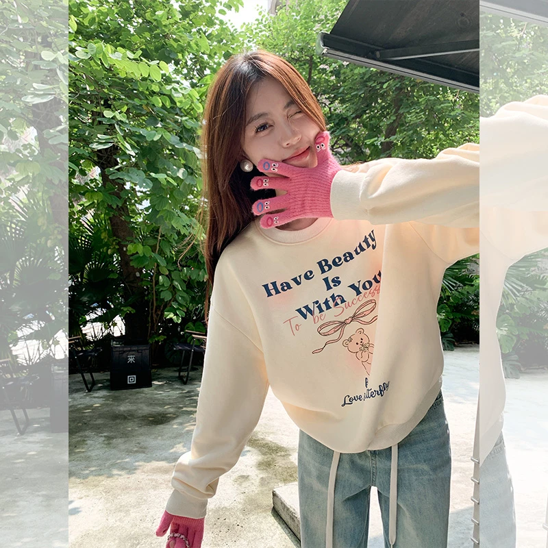 【清清】休闲慵懒杏色印花字母显瘦卫衣Z243TZ2715