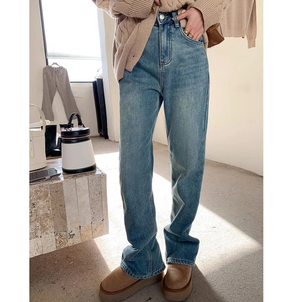 【清清】曾小咸蓝色开叉直筒牛仔裤女Z234KB2099