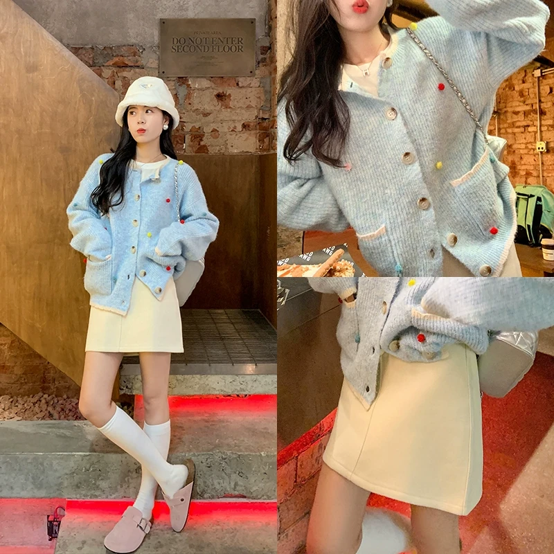 【年末清清】曾小咸 奶香假期蓝色毛衣开衫Z234WXPP0801