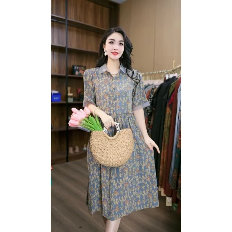 8835-17蓝底芙蓉舒适时尚印花连衣裙