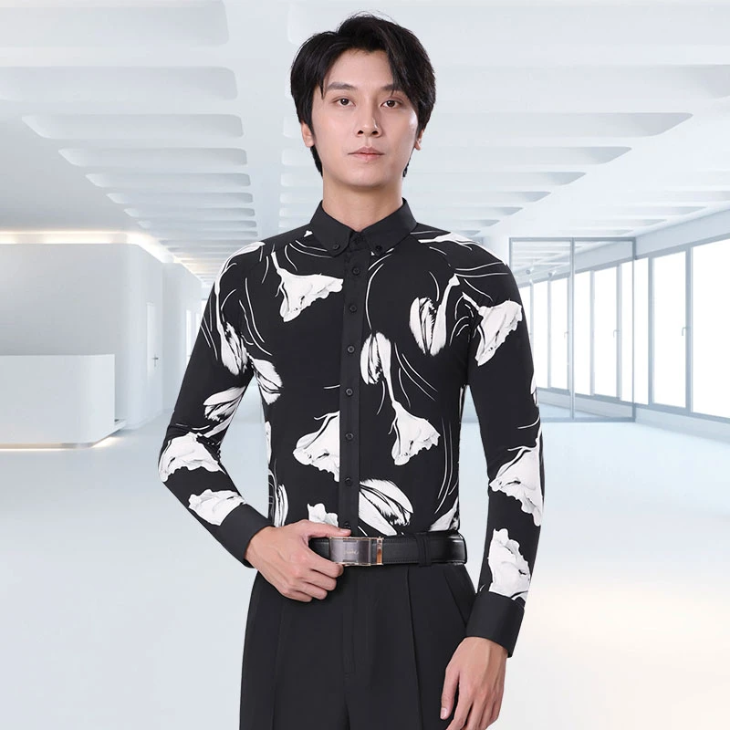 丹宝罗摩登舞衬衫长袖舞衣男款修身男士跳舞服装男生跳舞衣服专卖