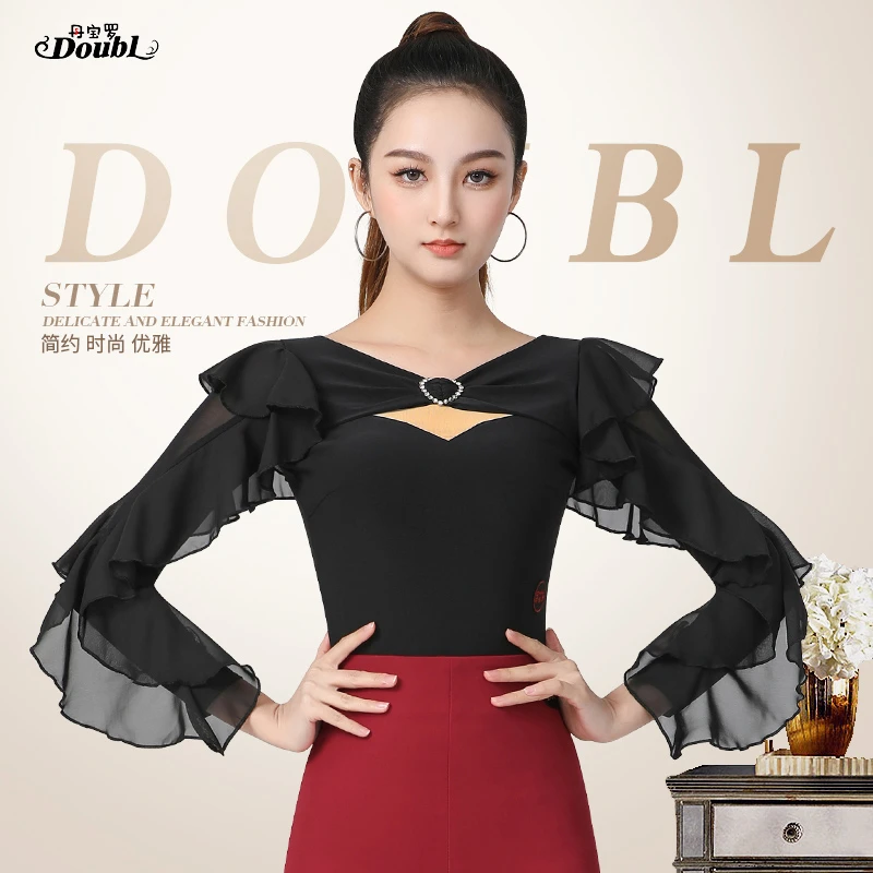 【爱心钻扣荷叶袖】丹宝罗摩登舞衣服女士时尚华尔兹舞蹈上衣拉丁舞