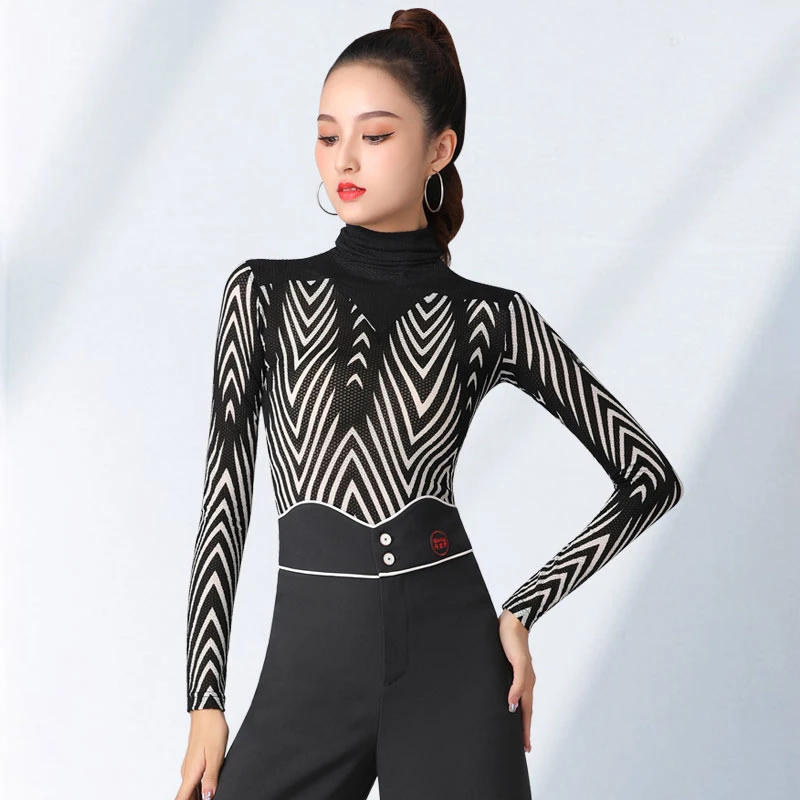 丹宝罗品牌国际摩登舞上衣高领修身长袖女舞蹈服女生跳舞衣服专卖
