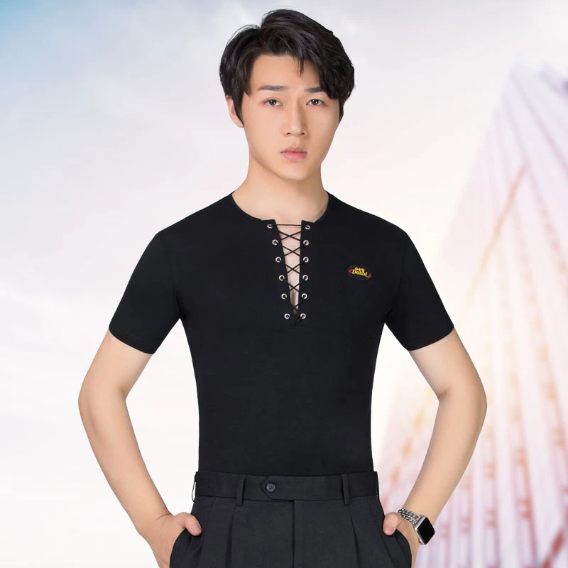 丹宝罗男拉丁舞上衣短袖夏季男士练功服跳舞衣服男士高档舞衣弹力