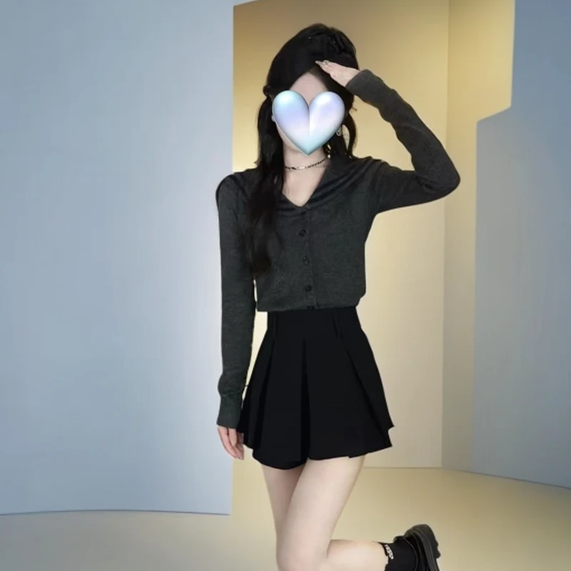 高级感学院风洋气显瘦长袖海军领短款针织毛衣女半身裙裤两件套装