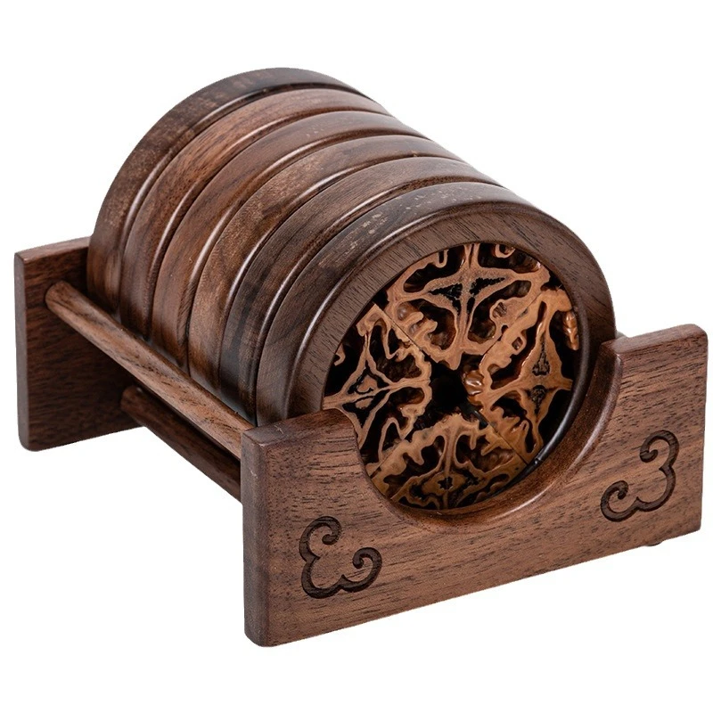 中式复古风核桃杯垫套装外框胡桃木功夫茶托家用隔热垫创意茶杯垫