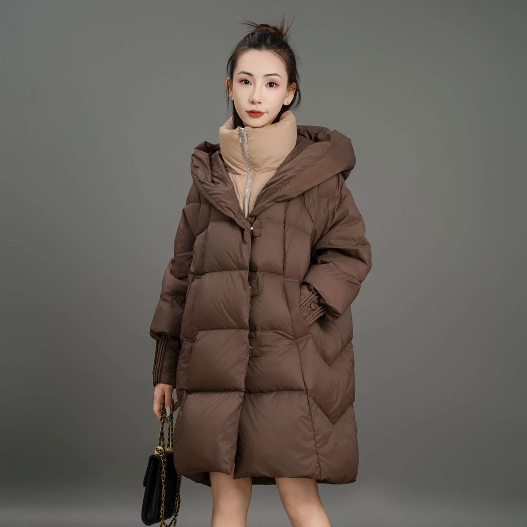 【原创鹅绒】OUDI欧荻高端长款连帽宽松假两件保暖时尚减龄女款外套
