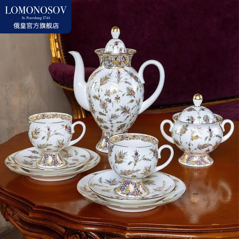 LOMONOSOV俄皇 金色花簇高定系列欧式家用 24k骨瓷金杯碟/糖罐/壶