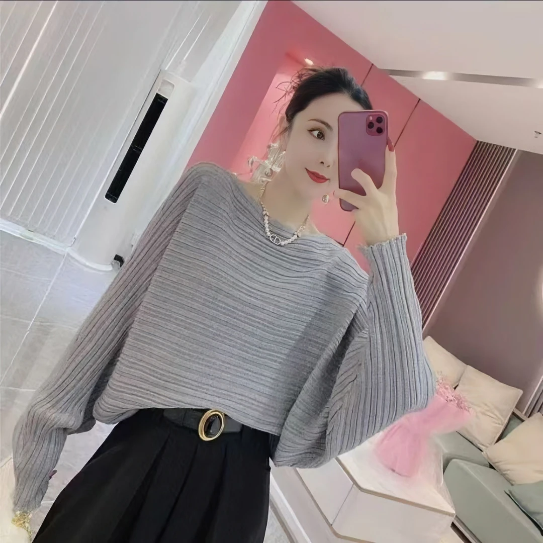 时尚设计感韩版蝙蝠袖针织衫女2024秋季新款宽松显瘦遮肉打底毛衣