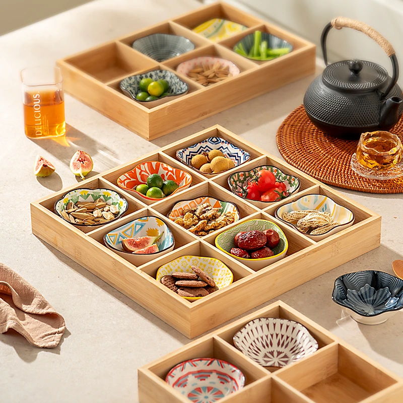 onlycook竹木陶瓷干果盘客厅茶几家用水果盘零食瓜子糖果摆放盘