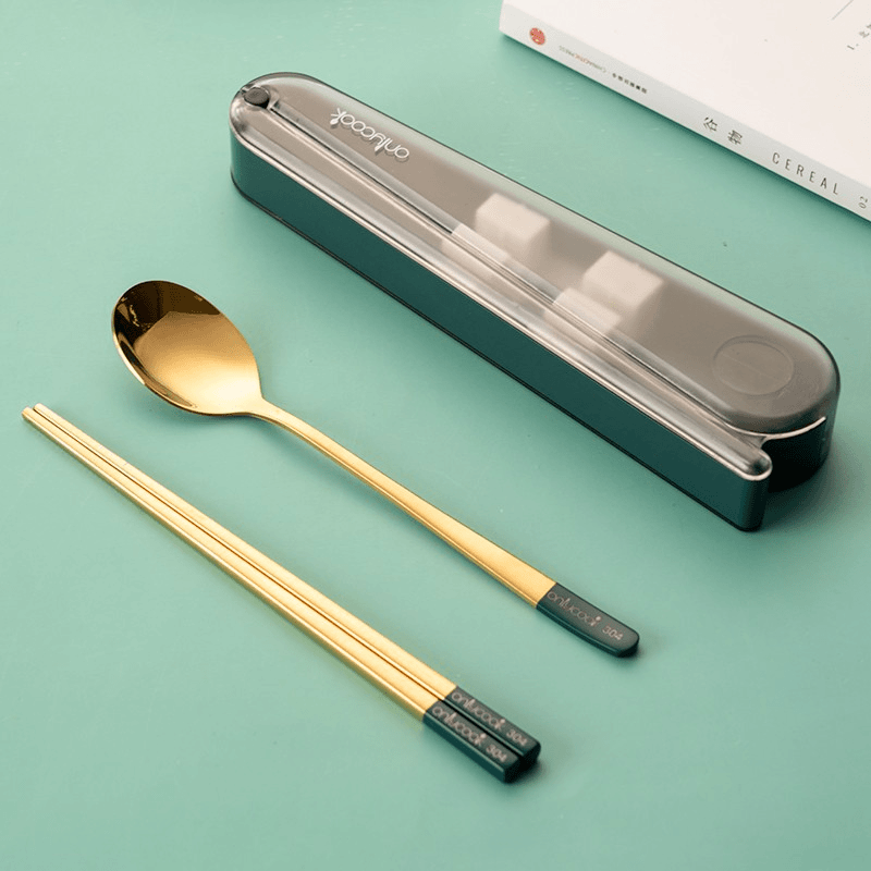 onlycook静音设计筷勺套装韩式筷子勺子收纳盒304不锈钢便携餐具