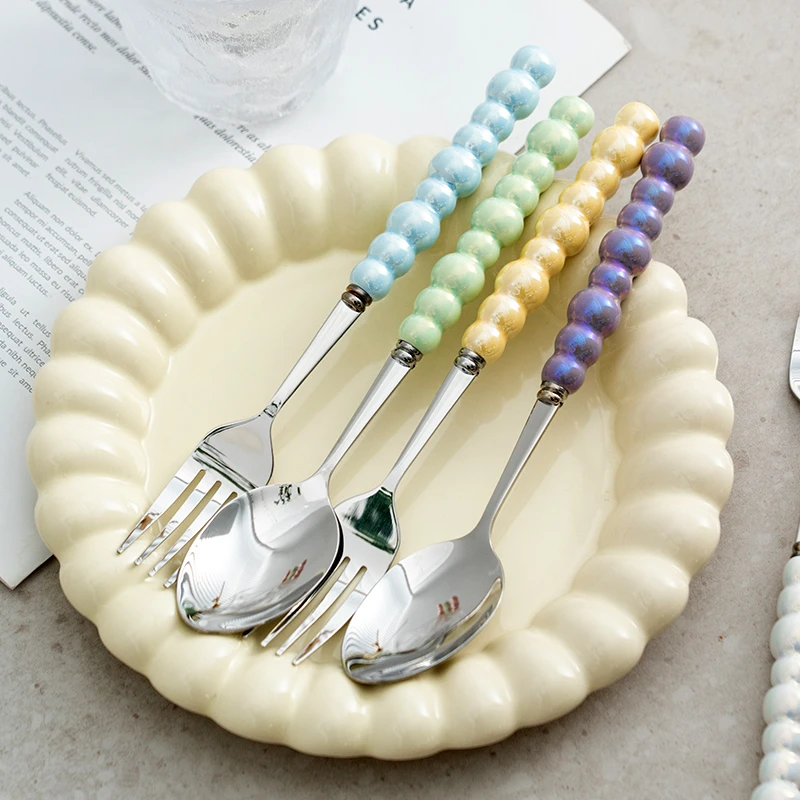 onlycook高颜值陶瓷珍珠手柄勺子304不锈钢甜品勺好看叉子餐叉勺