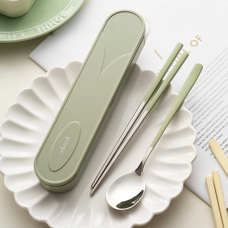 onlycook奶油色学生便携餐具 304不锈钢筷勺套装筷子勺子收纳盒