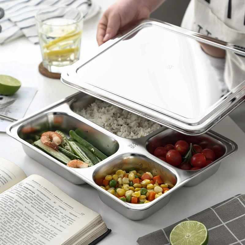 onlycook食品级304不锈钢饭盒四格五格快餐盒带盖子食堂打饭餐盘