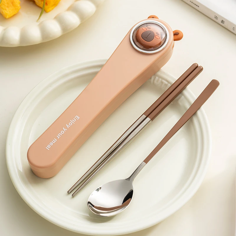 可爱学生便携外带餐具304不锈钢儿童筷勺套装单人勺子筷子餐具盒
