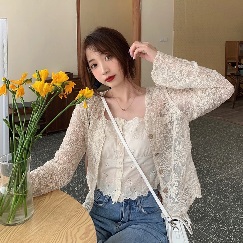 秋装两件套时尚套装蕾丝雪纺防晒开衫女夏薄款纱外搭镂空长袖上衣