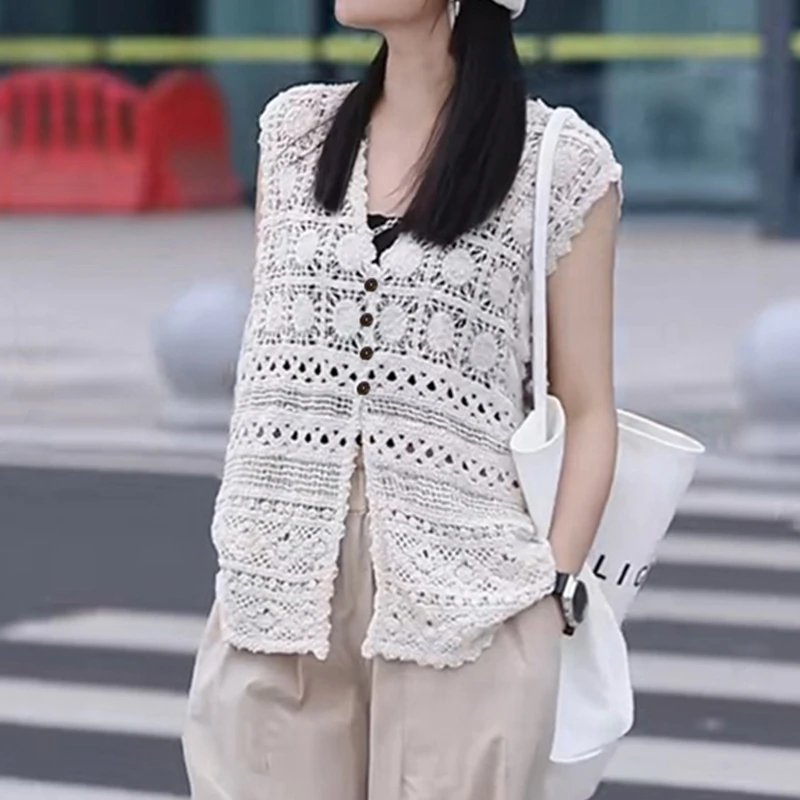 春秋款复古叠穿棉线马甲镂空蕾丝V领马夹百搭文艺无袖上衣女外穿