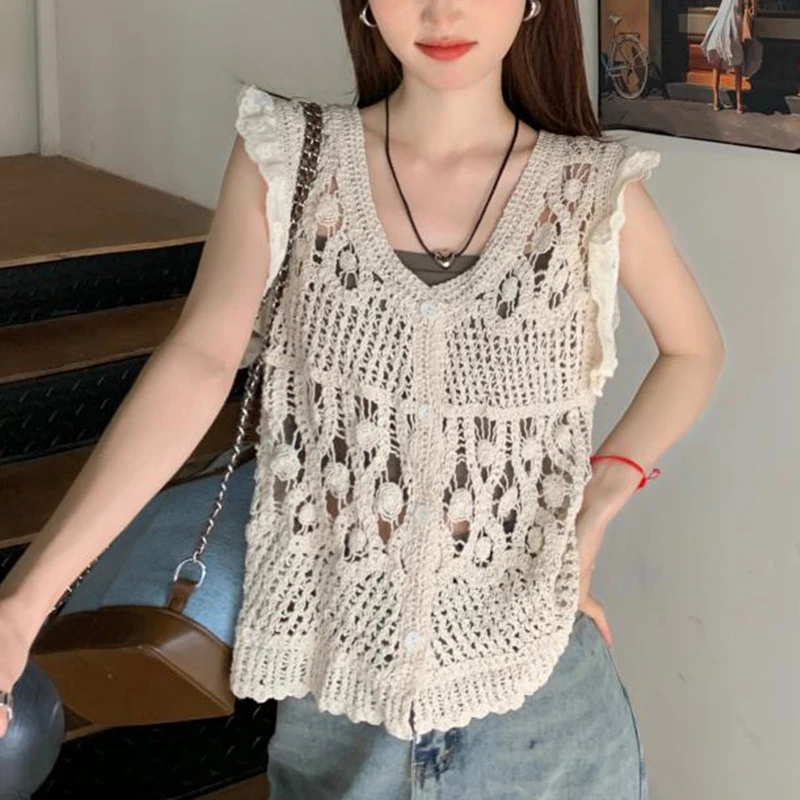 清仓捡漏~专柜撤回外贸夏季针织钩花镂空搭配V领无袖针织背心马甲