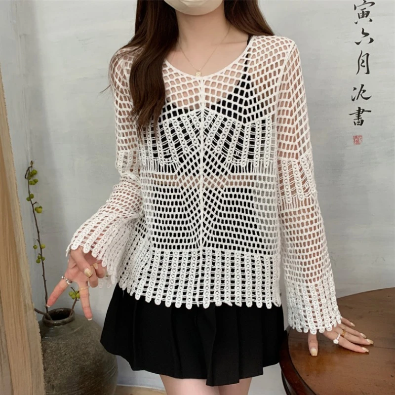 2025新款春夏V领慵懒风镂空设计感针织长袖防晒罩衫女两件套潮