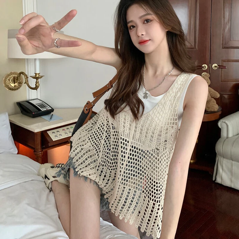 镂空短款针织背心罩衫吊带牛仔坎肩上衣时尚韩版小众设计感辣妹装